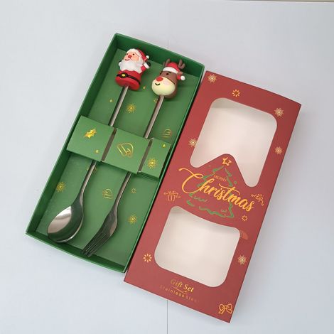 Coffret cadeau cuillère et fourchette en acier inoxydable sur le thème de Noël (Argent [ensemble de 2 pièces] : Père Noël et renne) (1/4)