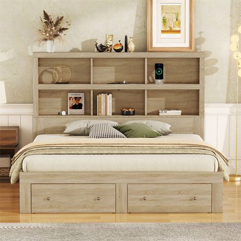 Lit double 160x200cm - Lit adulte avec 2 tiroirs au pied du lit, sommier à lattes et tête de lit rangement, en Panneaux de particules - Naturel (1/5)