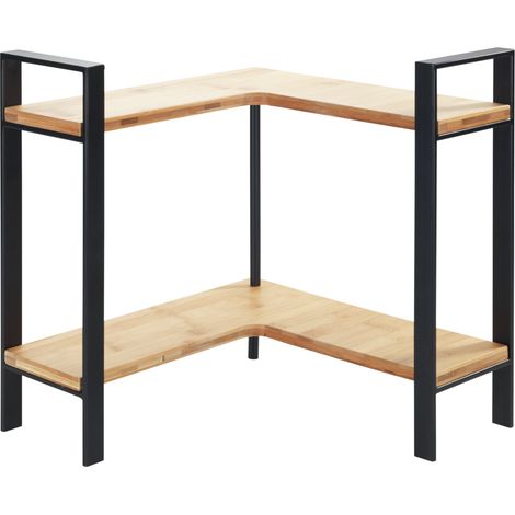 WENKO Mensole angolari per cucina Lou per piano di lavoro, in metallo con ripiani in bambù, 2 mensole salvaspazio, porta spezie, DIM (l x a x p): 30 x 33 x 30 cm, nero/marrone chiaro (1/5)