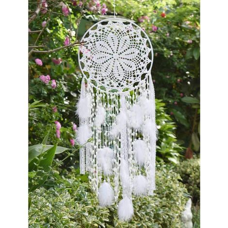 Grand capteur de rêves blanc en plumes, suspension murale macramé vintage pour mariage ou décoration intérieure – 80 cm de long, cercle de 30 cm (1/5)
