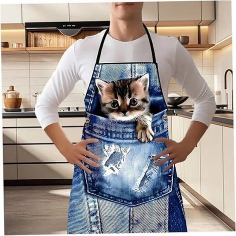 Robe sans manches - Tablier - Bretelles réglables - Style champêtre - Ajustable - Tablier de cuisine - Imprimé 3D - Chat mignon - Id (1/4)