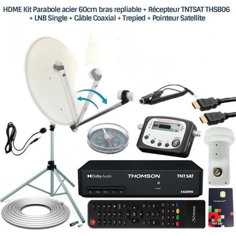 HDME Kit Parabole acier 60cm bras repliable + Récepteur TNTSAT THS806 + LNB Single + Câble Coaxial + Trepied + Pointeur Satellite