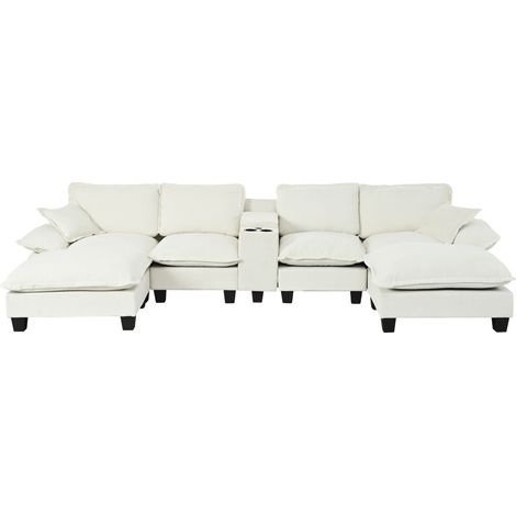 Modulares U-Bettsofa in Bootform aus beigem Chenille mit Becherhaltern und Hocker (1/5)