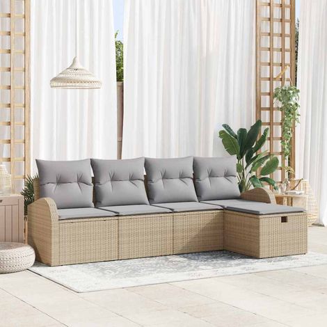 Garten-Sofa-Set mit Kissen mit Speicher 5 pcs Beige Poly Rattan