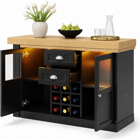Table à manger extensible pivotante 360° avec LED 3 couleurs, rangements, porte-bouteilles et 2 tiroirs, noire, 120-197 cm, 60 kg, design moderne - CHICFURN (1/5)