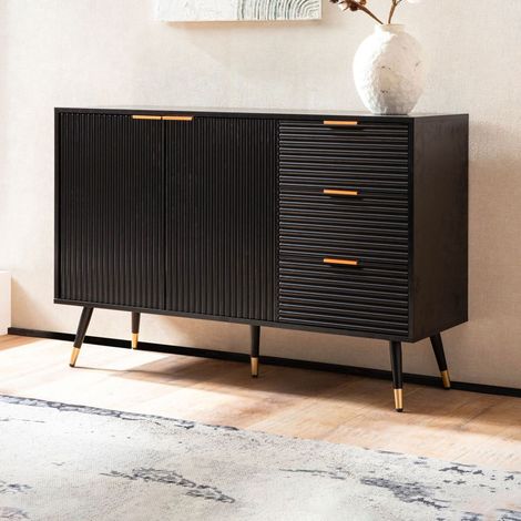 Buffet 2 portes 3 tiroirs 120x40x80 cm noir et doré - FREDZA