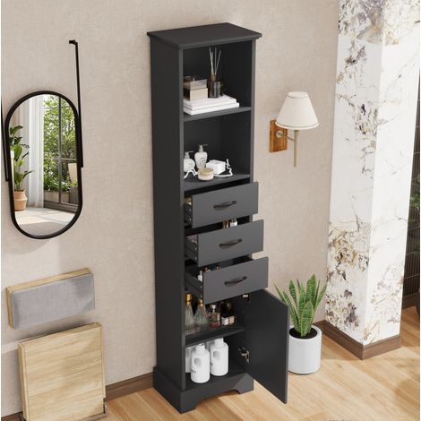 Mueble alto de baño 38x26x172,5 cm MDF negro, almacenaje integrado, ahorro de espacio – MEUBLIV (1/5)