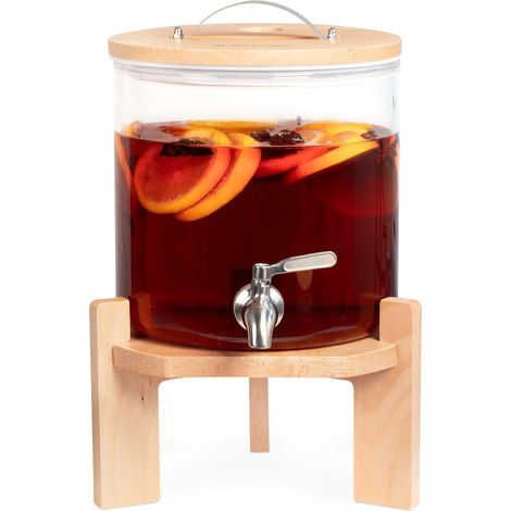 1 Distributeur de boissons, Verre borosilicate, Robinet acier inoxydable, Support bois hêtre, Pour apéritif fête buffet