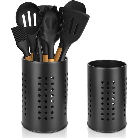 Porte-ustensiles de cuisine en acier inoxydable - Panier à couverts rond - Noir (1/5)