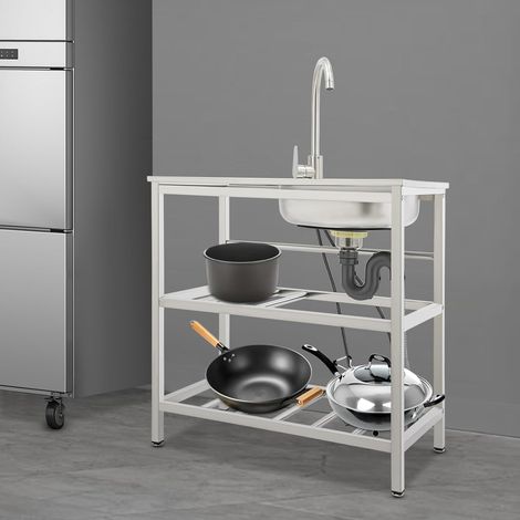 Edelstahl Küche Spüle mit Unterschrank,Spültisch mit 2 Ebenen,Freistehendes Spülbecken mit Kalt und Warm-Wasserhahn, Ablauf-Schlauch, Küchenspüle für Restaurant Outdoorküche Camping,1 Becken (1/5)