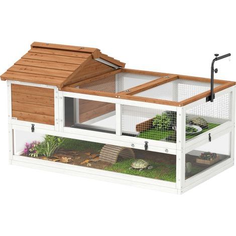 Maison à tortue enclos 2 niveaux – Éclairage réglable – Structure en bois de sapin et acier – Fenêtres transparentes pour observation