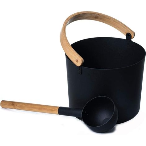 Aluminium Sauna Bucket with Long Wooden Handle, 7 L, Black (1/5)