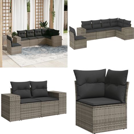 6-tlg. Garten-Sofagarnitur mit Kissen Grau Poly Rattan - Gartensortiment - Outdoor Möbel - Lounge Set - Gartenlounge - Rattan Gartenmöbel - Home & Living (1/5)