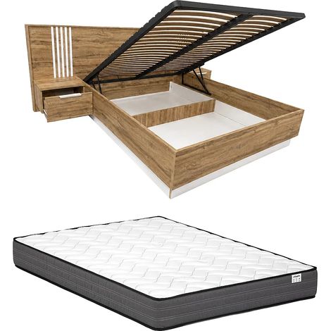 Lit coffre avec chevets 160 x 200 cm – Avec LEDs – Coloris : Naturel et blanc + Matelas - NELTORA (1/5)