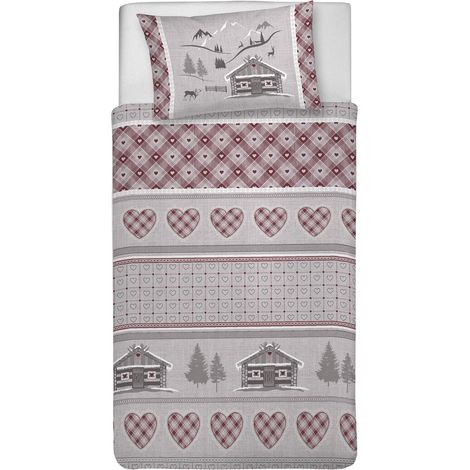 Parure de lit Simple 100% Coton, avec Sac 1550 x 200 cm et 1 taie d'oreiller 52 x 82 cm, fabriquée en Italie, Housse de Couette Lavable en Machine à 40 °, Motif Chalet Rouge (1/5)