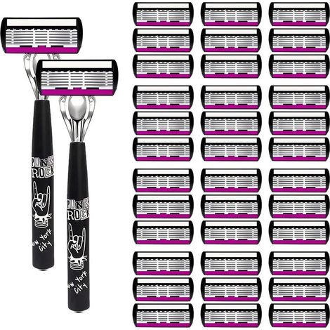 rasoir electriques hommes-Rasoir manuel 6 lames - design ergonomique anti-dérapant (2 manches blancs + 36 lames violet/blanc) - pour barbe fine, épaisse ou rêche - solution tout usage voyage et quotid (1/4)