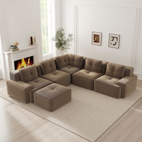 Canapé modulaire avec ottomane, velours côtelé marron, 295 x 295 x 69 cm, sans montage HAVRYA (1/5)