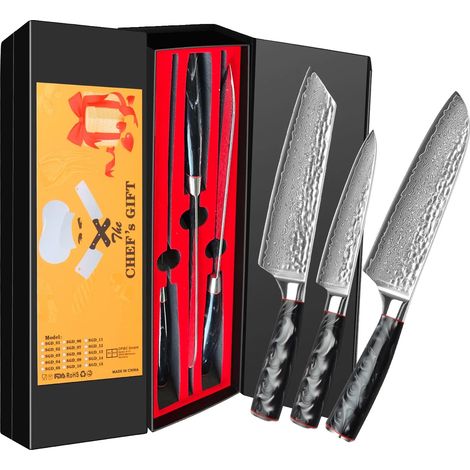 Juego de cuchillos de acero de Damasco con mango ergonómico de G10, juego de 3 piezas. (1/2)