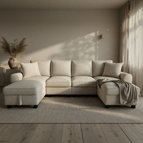 Canapé en U pour 4 personnes, avec deux banquettes, deux coussins, un espace de rangement rabattable,chenille,beige (1/5)