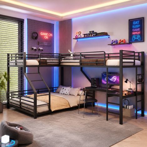 Litera 3 plazas 90x200 y 140x200 cm negra, con escritorio, USB y EN 747, estructura metálica, sin colchones (1/5)