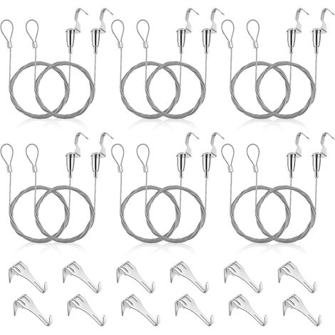 12 Pièces Cimaise pour Tableau, 2 m x 1.5 mm Cimaise Tableau fil Accroche Photo avec Crochet Ajustable Crochet de Moulure de Rail pour Accrocher Peintures Œuvres d'art (1/5)