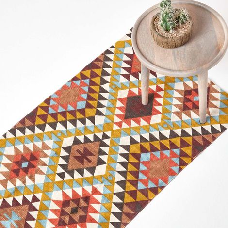 HOMESCAPES Oslo Orange, Brown and Yellow Multi Coloured 100% Cotton Diamond Pattern Rug, 66 x 200 cm