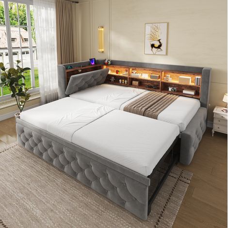 Sofá cama extensible 90x190 cm, con almacenamiento, luz LED, USB y Type C, terciopelo gris oscuro (1/5)