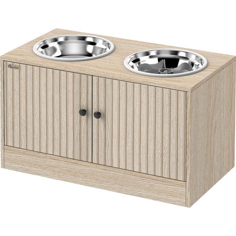 Porte-gamelles chien sécurisé avec rangement 40L, 2 gamelles acier inoxydable blanc 60x30x35.5 cm