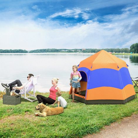 Tente instantanée double couche, sac moustiquaire, 2 portes, dôme, hexagonale, 4 personnes, étanche 4 saisons