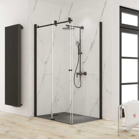 Porte de douche coulissante + paroi de retour fixe, 160 x 80 x 200 cm, verre 8 mm, profilé noir, MasterClass, Schulte