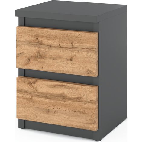 Comodino Wotan in rovere grigio, 30 cm, 2 cassetti, mobile TV per camera da letto/soppalco.