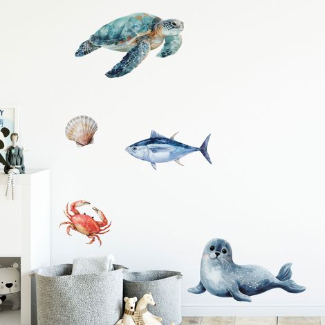 Décor papier peint préencollé Atelier Déco, à la mer, accessoires, animaux, tortue, phoque, crabe, 130 cm X 65 cm