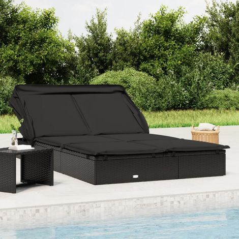 Bonnevie – Transat de jardin 2 places avec toit pliable – Rotin PE résistant aux intempéries – Dimensions 213x118x97 cm – Coussin en polyester 208x55x3 cm - BV701622 (1/5)