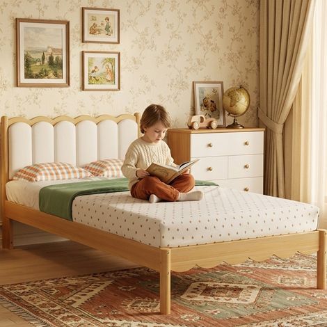 Cama infantil tapizada 90x200 cm de madera beige OKMYHOME (1/5)