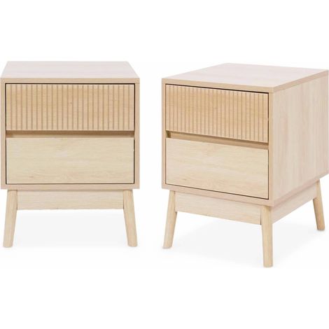 Pair of grooved bedside tables with wooden effect, Linear, Natural, 39x40x48 cm