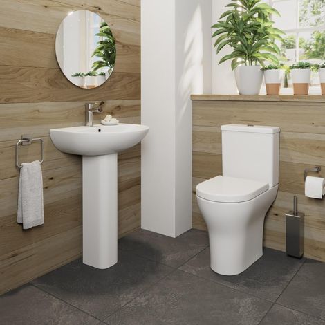 Bathroom Suite Comfort Height Close Coupled Toilet 1TH Basin Pedestal White (1/5)