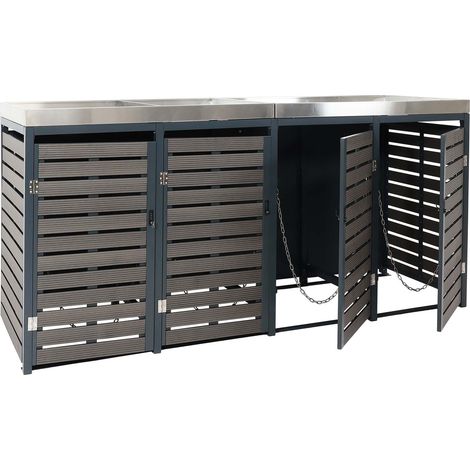 Cache poubelles 4 bacs avec jardinière intégrée et système basculant 124x265x84 cm WPC anthracite acier inoxydable 040007558