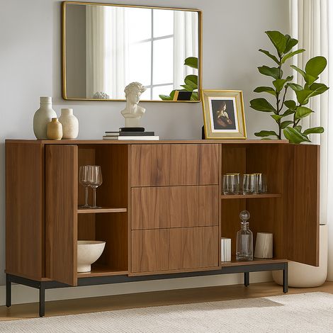 URBAN MEUBLE Vitrine en bois avec façade ondulée et rangement à compartiments multiples 150x40x80cm (1/5)