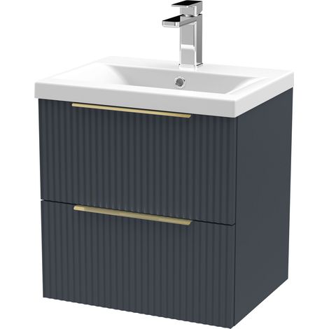 Contemporary Fluted Front Wall Hung 2-Drawer Bathroom Vanity Unit with 1 Tap Hole Basin, 500mm, Dark Grey, Brushed Brass Handles