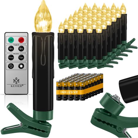 KESSER® Candele per albero di Natale 20 LED Incl. batterie Senza fili - Bianco caldo - con telecomando Senza fili - Funzione timer - Sfarfallio - Candele natalizie dimmerabili Nero,30 LED