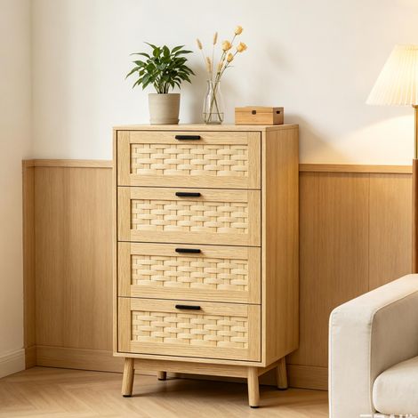 Commode 4 tiroirs – Buffet – Commode en osier – Idéale pour le salon, la cuisine ou la salle à manger – Style moderne – Couleur chêne
