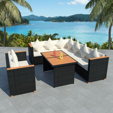 5 pcs Salon de jardin, Ensemble table et chaises de jardin, Meuble de jardin avec coussins Résine tressée Noir MKW743036 (1/5)