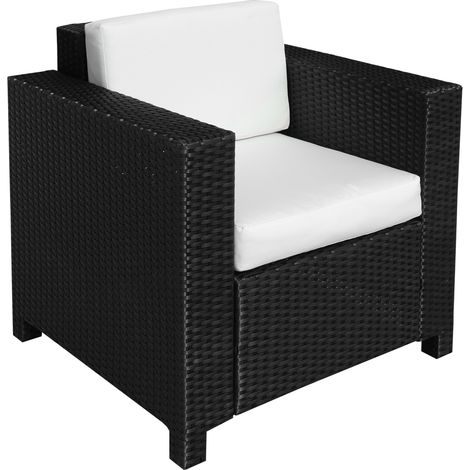 Single Seater Rattan Chair Sofa with 10 cm Thick Padded Cushion, All-Weather PE Wicker Weave Garden Armchair with Armrests, Black