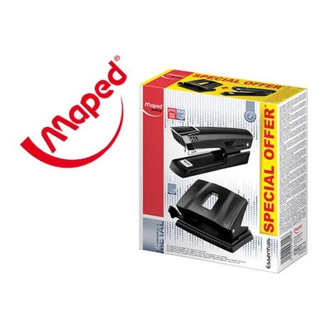 Maped - Material de Oficina - Set Essentials Metal - Grapadora de Manual Half Strip - Perforador de Papel para 20/25 Hojas - Diseños en Color Negro