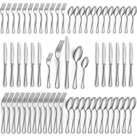 Set de Couverts, 60 Pièces en Acier Inoxydable Set de Couverts 12 Personnes, Poli Miroir Couverts, Couteaux Fourchettes Cuillères Fourchettes à Gâteau Cuillères à Café, Lave-vaisselle (1/5)