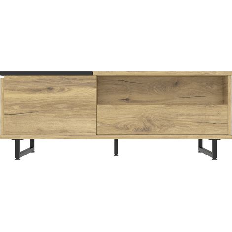CHICFURN Mesa de centro elevable 106,5x50 cm madera natural y negro con almacenaje y LED (1/5)