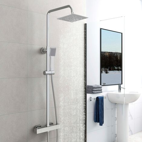 AICAIT Cromato Colonna Doccia con Miscelatore Termostatico, Set Doccia Termostatico, Set Doccia a Pioggia con Soffione Quadrato 20x20 cm Altezza Regolabile 73-117cm