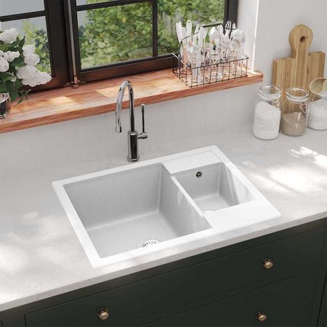 vidaXL Évier de cuisine deux lavabos trou de trop-plein Blanc Granit (1/5)