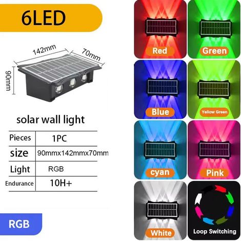 (1 pièce - 6 LED RGB) Applique solaire murale extérieure à lumière chaude, étanche, éclairage vers le haut et vers le bas, pour balcon, cour, jardin, décoration murale extérieure (1/5)