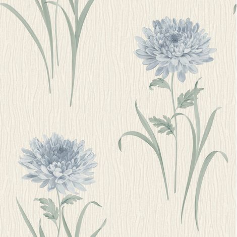 Textured Floral Wallpaper Cream Blue Chrysanthemum Vinyl Classic Feature Wall (1/4)